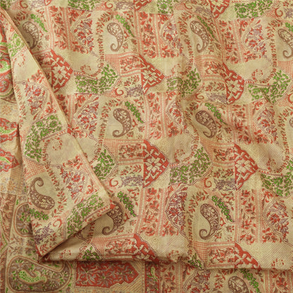 Sanskriti Vintage Sarees Beige Indisk Ren Silke Trykt Sari 6+ yard Håndværk Bæredygtigt Stoff