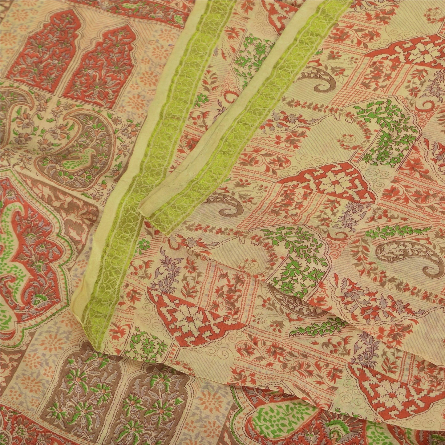 Sanskriti Vintage Sarees Beige Indisk Ren Silke Trykt Sari 6+ yard Håndværk Bæredygtigt Stoff