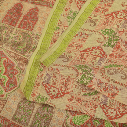 Sanskriti Vintage Sarees Beige Indisk Ren Silke Trykt Sari 6+ yard Håndværk Bæredygtigt Stoff