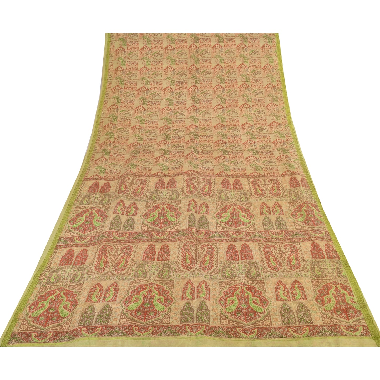 Sanskriti Vintage Sarees Beige Indisk Ren Silke Trykt Sari 6+ yard Håndværk Bæredygtigt Stoff