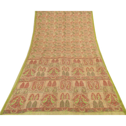 Sanskriti Vintage Sarees Beige Indisk Ren Silke Trykt Sari 6+ yard Håndværk Bæredygtigt Stoff