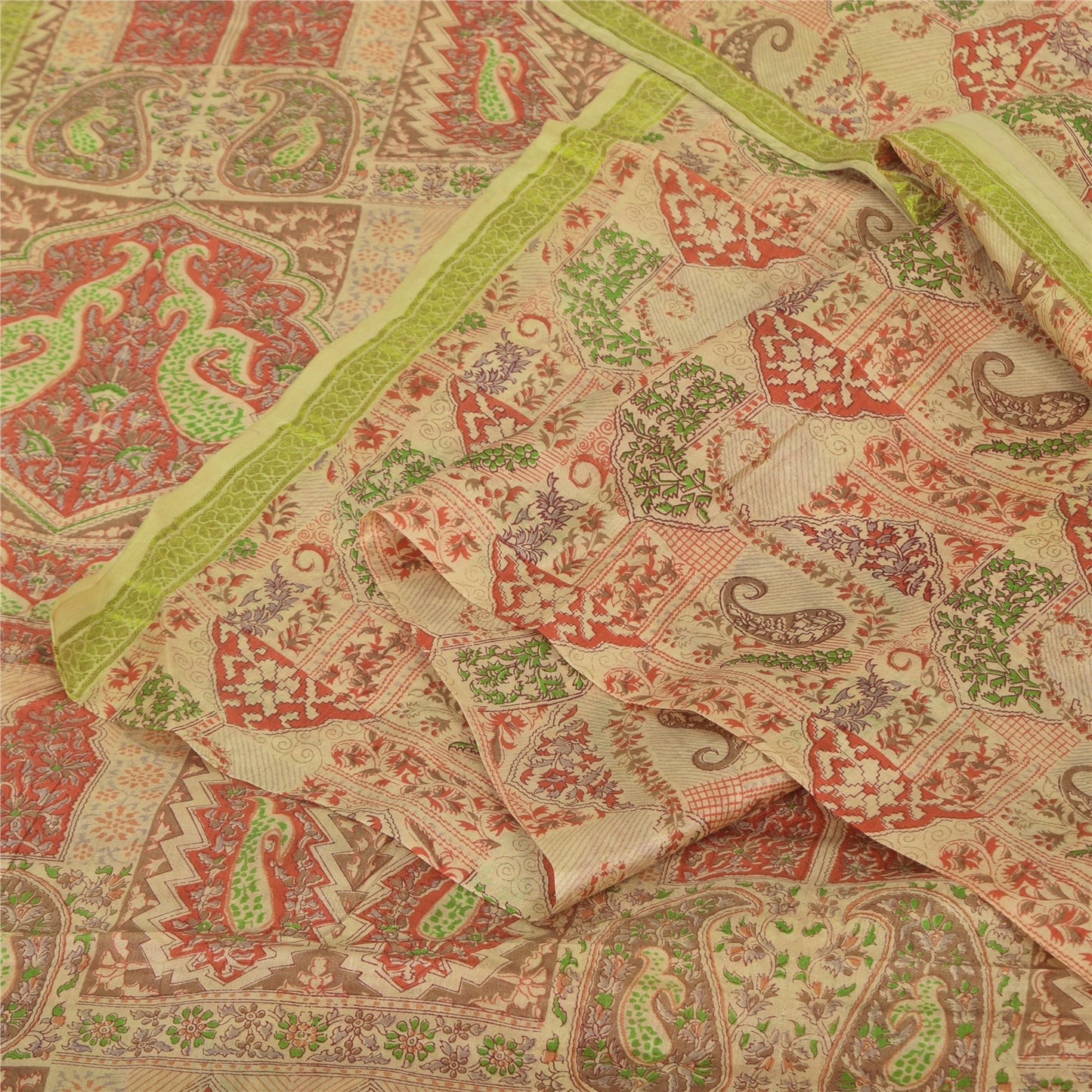 Sanskriti Vintage Sarees Beige Indisk Ren Silke Trykt Sari 6+ yard Håndværk Bæredygtigt Stoff