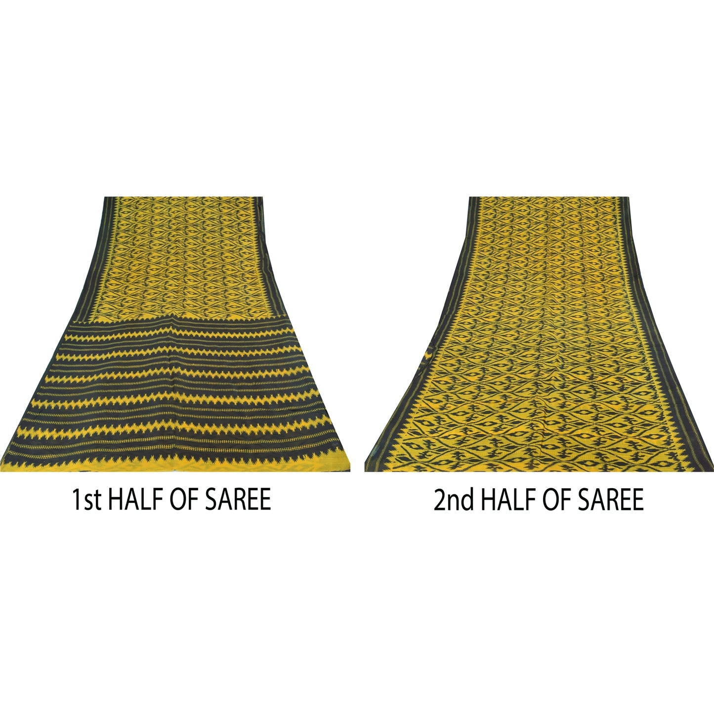 Sanskriti Vintage Sarees Yellow/Black Pure Silk Ikat Printed Sari 6+yd Sustainable Fabric