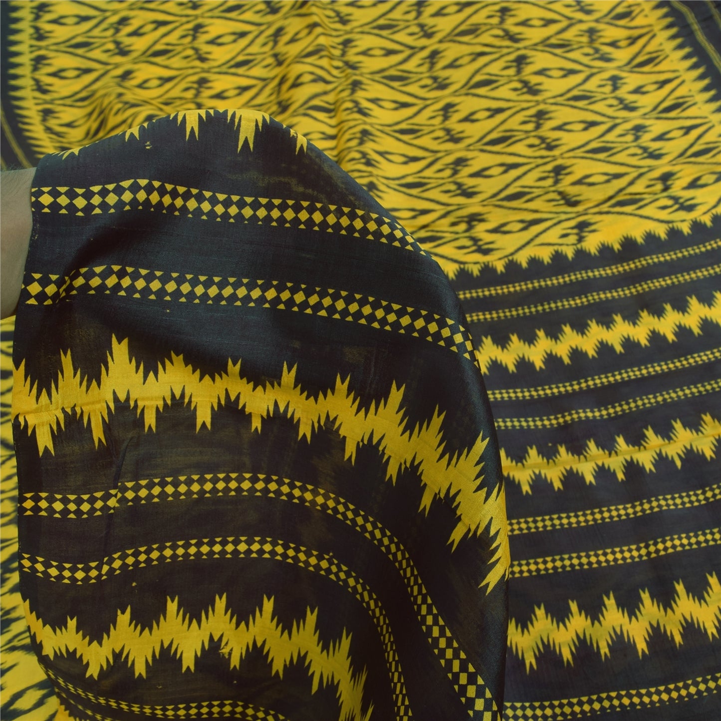 Sanskriti Vintage Sarees Yellow/Black Pure Silk Ikat Printed Sari 6+yd Sustainable Fabric