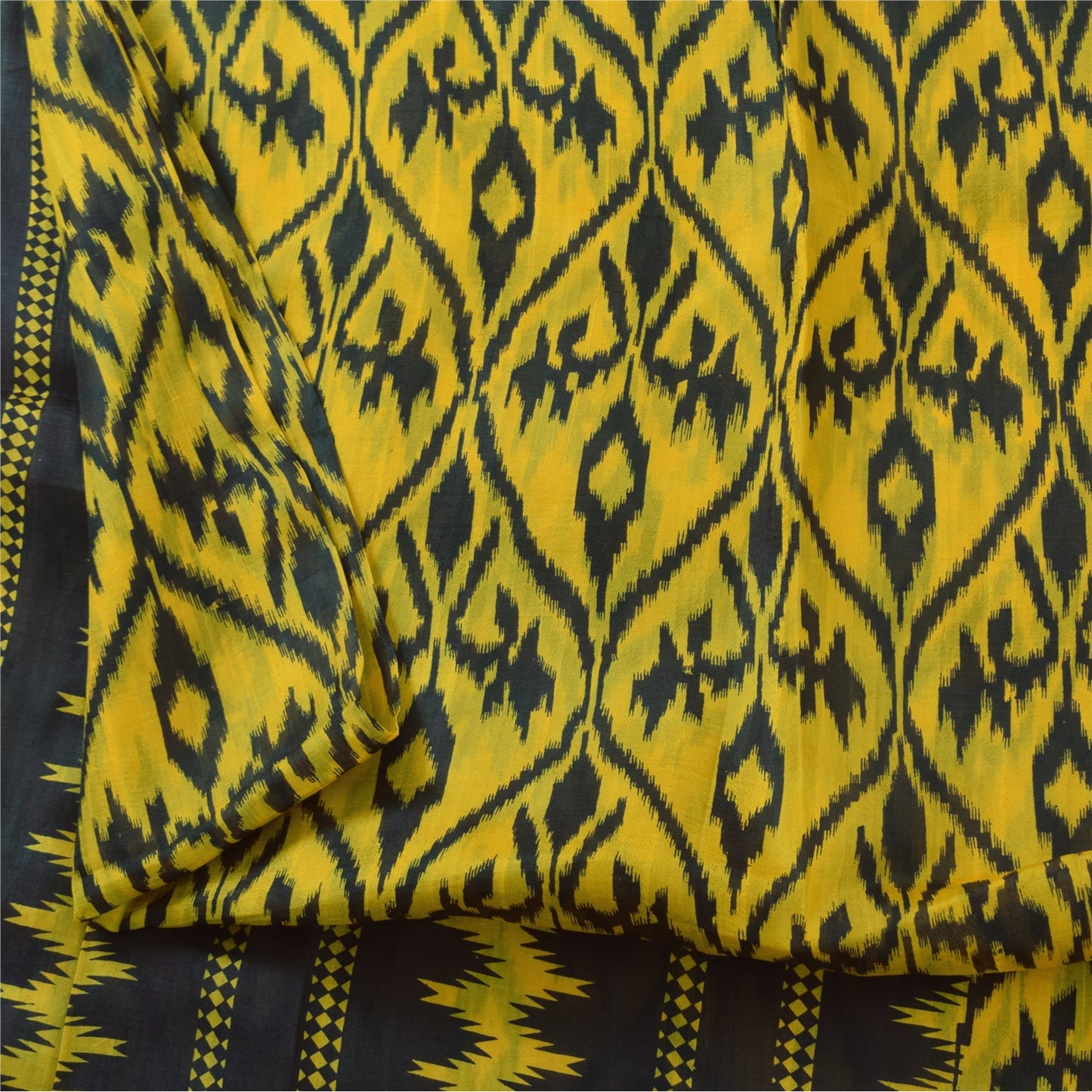 Sanskriti Vintage Sarees Yellow/Black Pure Silk Ikat Printed Sari 6+yd Sustainable Fabric