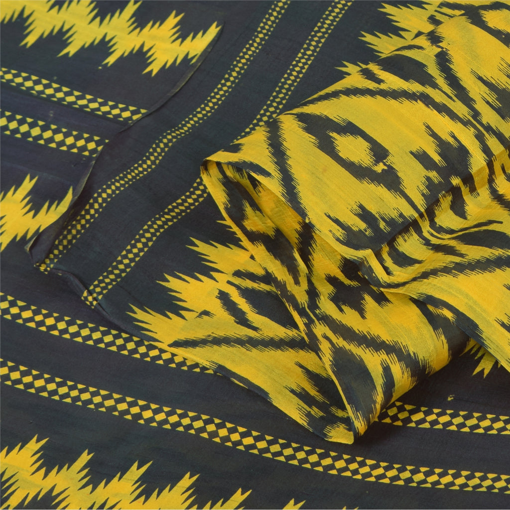 Sanskriti Vintage Sarees Yellow/Black Pure Silk Ikat Printed Sari 6+yd Sustainable Fabric