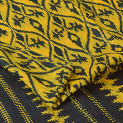 Sanskriti Vintage Sarees Yellow/Black Pure Silk Ikat Printed Sari 6+yd Sustainable Fabric
