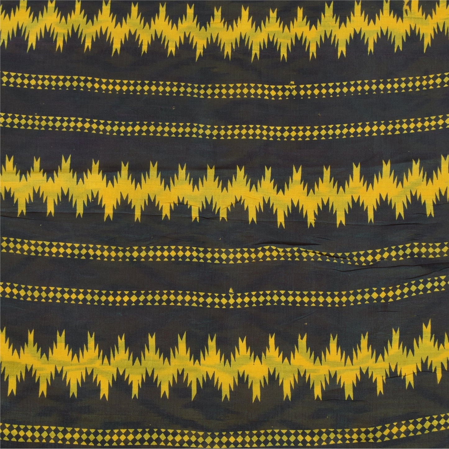 Sanskriti Vintage Sarees Yellow/Black Pure Silk Ikat Printed Sari 6+yd Sustainable Fabric
