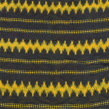 Sanskriti Vintage Sarees Yellow/Black Pure Silk Ikat Printed Sari 6+yd Sustainable Fabric