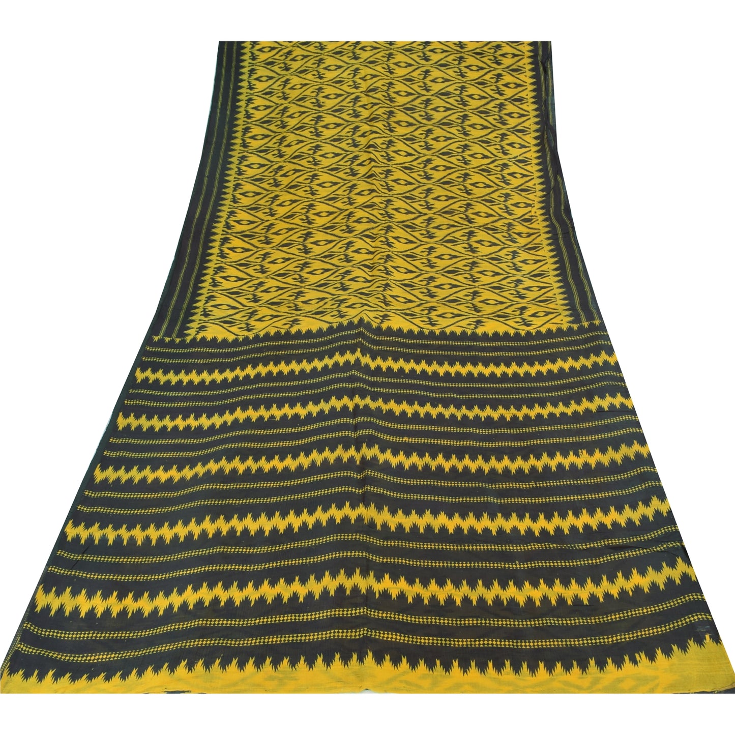 Sanskriti Vintage Sarees Yellow/Black Pure Silk Ikat Printed Sari 6+yd Sustainable Fabric