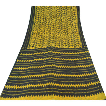 Sanskriti Vintage Sarees Yellow/Black Pure Silk Ikat Printed Sari 6+yd Sustainable Fabric