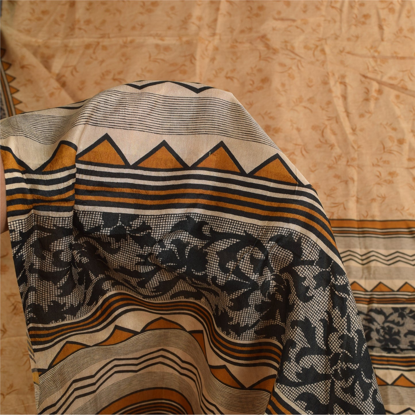 Sanskriti Vintage Sarees Peach Indian Pure Silk Printed Sari 6+yd Craft Sustainable Fabric