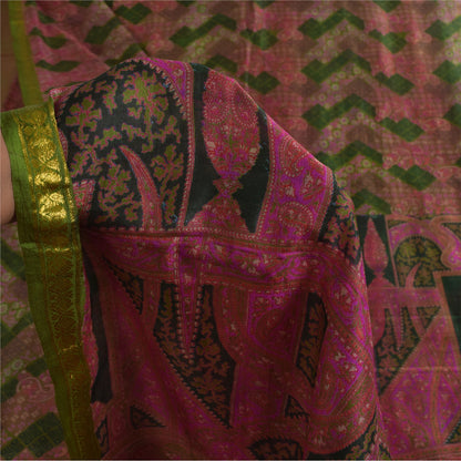 Sanskriti Vintage Sarees Pink/Green Zari Border Pure Silk Print Sari 6+yd Sustainable Fabric