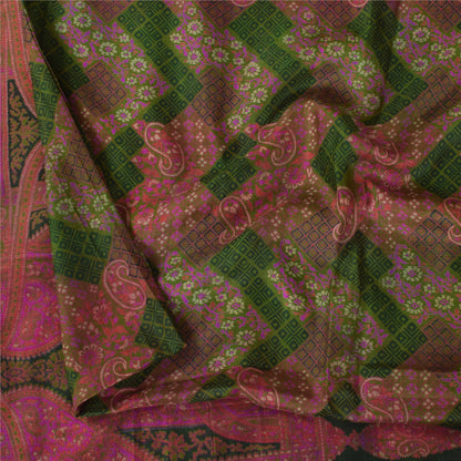 Sanskriti Vintage Sarees Pink/Green Zari Border Pure Silk Print Sari 6+yd Sustainable Fabric
