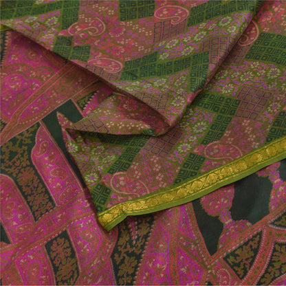 Sanskriti Vintage Sarees Pink/Green Zari Border Pure Silk Print Sari 6+yd Sustainable Fabric