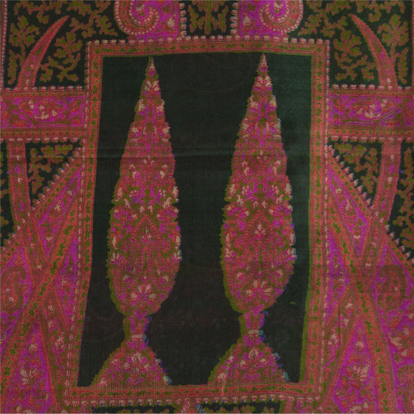 Sanskriti Vintage Sarees Pink/Green Zari Border Pure Silk Print Sari 6+yd Sustainable Fabric