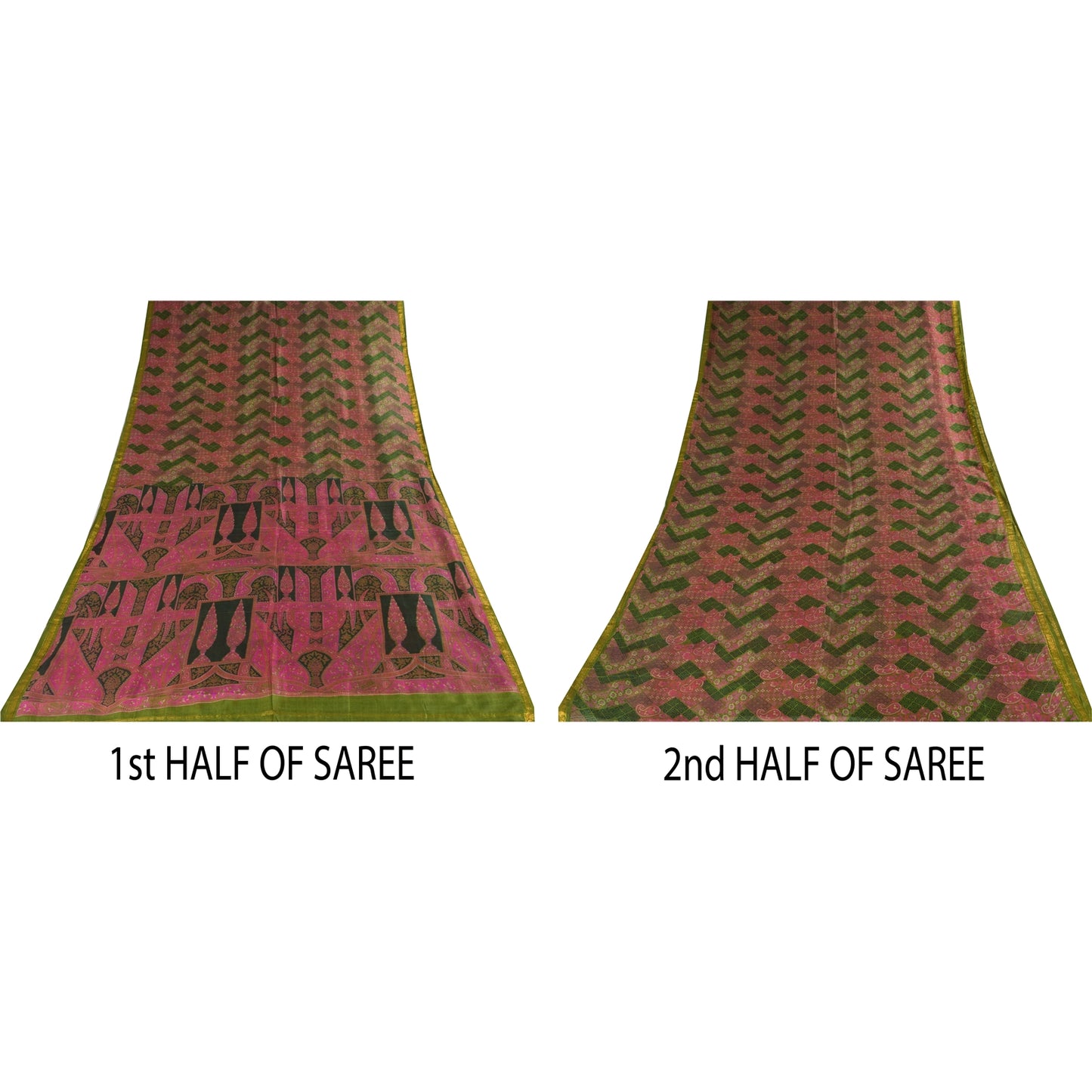 Sanskriti Vintage Sarees Pink/Green Zari Border Pure Silk Print Sari 6+yd Sustainable Fabric