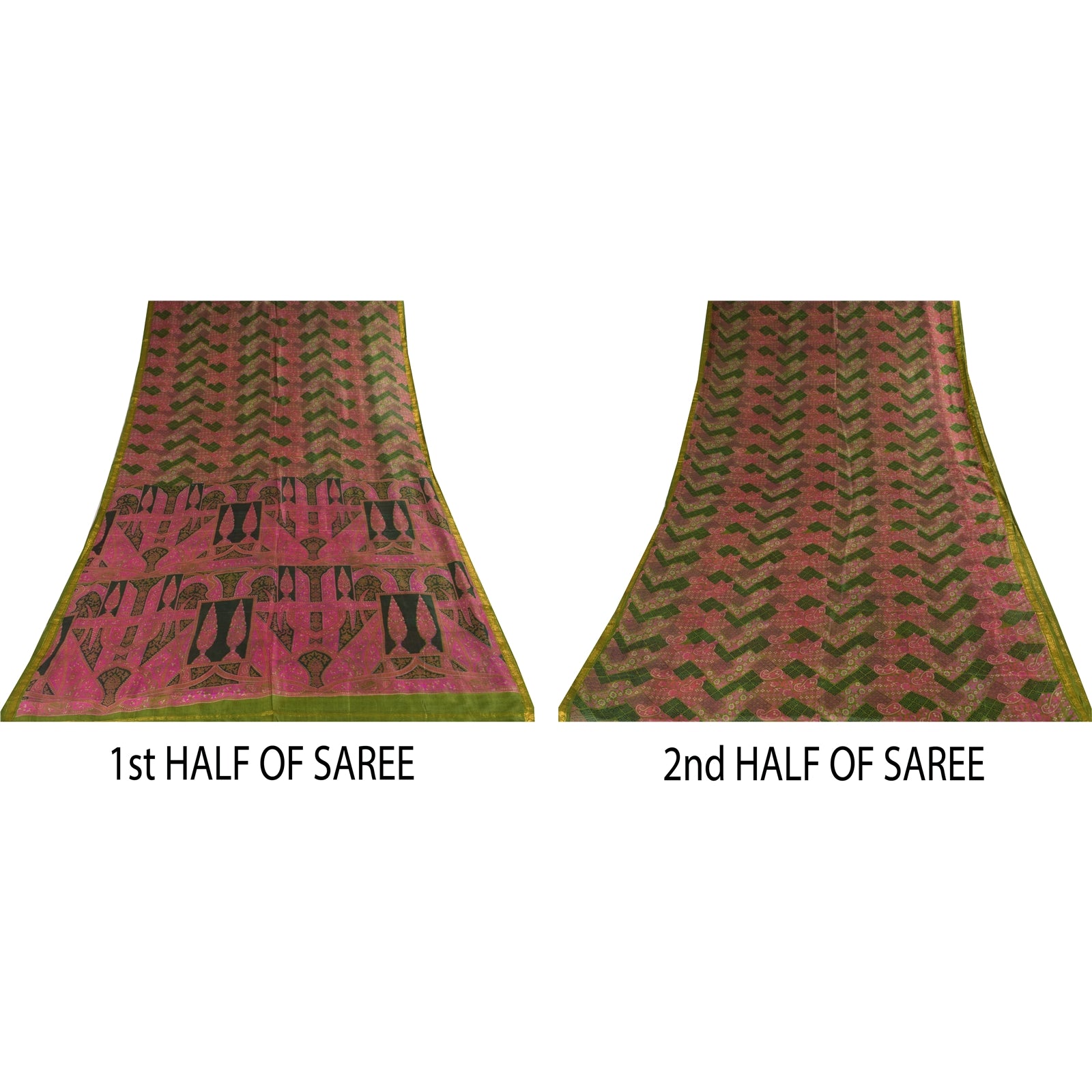 Sanskriti Vintage Saree Pink & Green 100% Pure Silk 6+Yd Saree Zari Border Floral Printed Sari Fabric For Crafting, Upcycling, Wearing