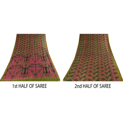 Sanskriti Vintage Sarees Pink/Green Zari Border Pure Silk Print Sari 6+yd Sustainable Fabric