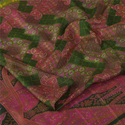 Sanskriti Vintage Sarees Pink/Green Zari Border Pure Silk Print Sari 6+yd Sustainable Fabric