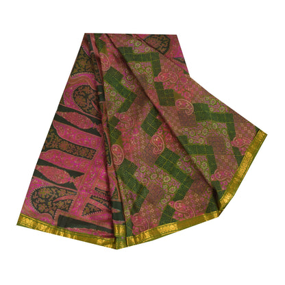 Sanskriti Vintage Sarees Pink/Green Zari Border Pure Silk Print Sari 6+yd Sustainable Fabric