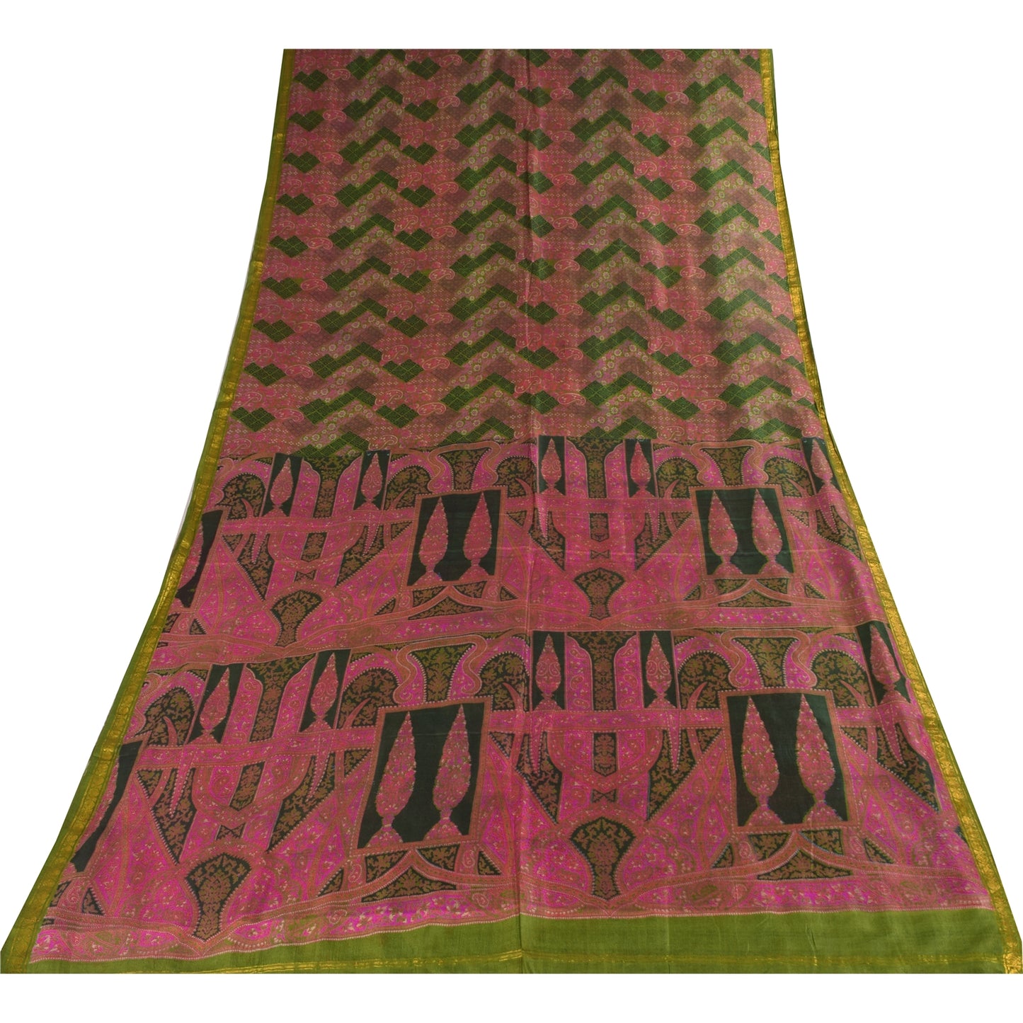 Sanskriti Vintage Sarees Pink/Green Zari Border Pure Silk Print Sari 6+yd Sustainable Fabric