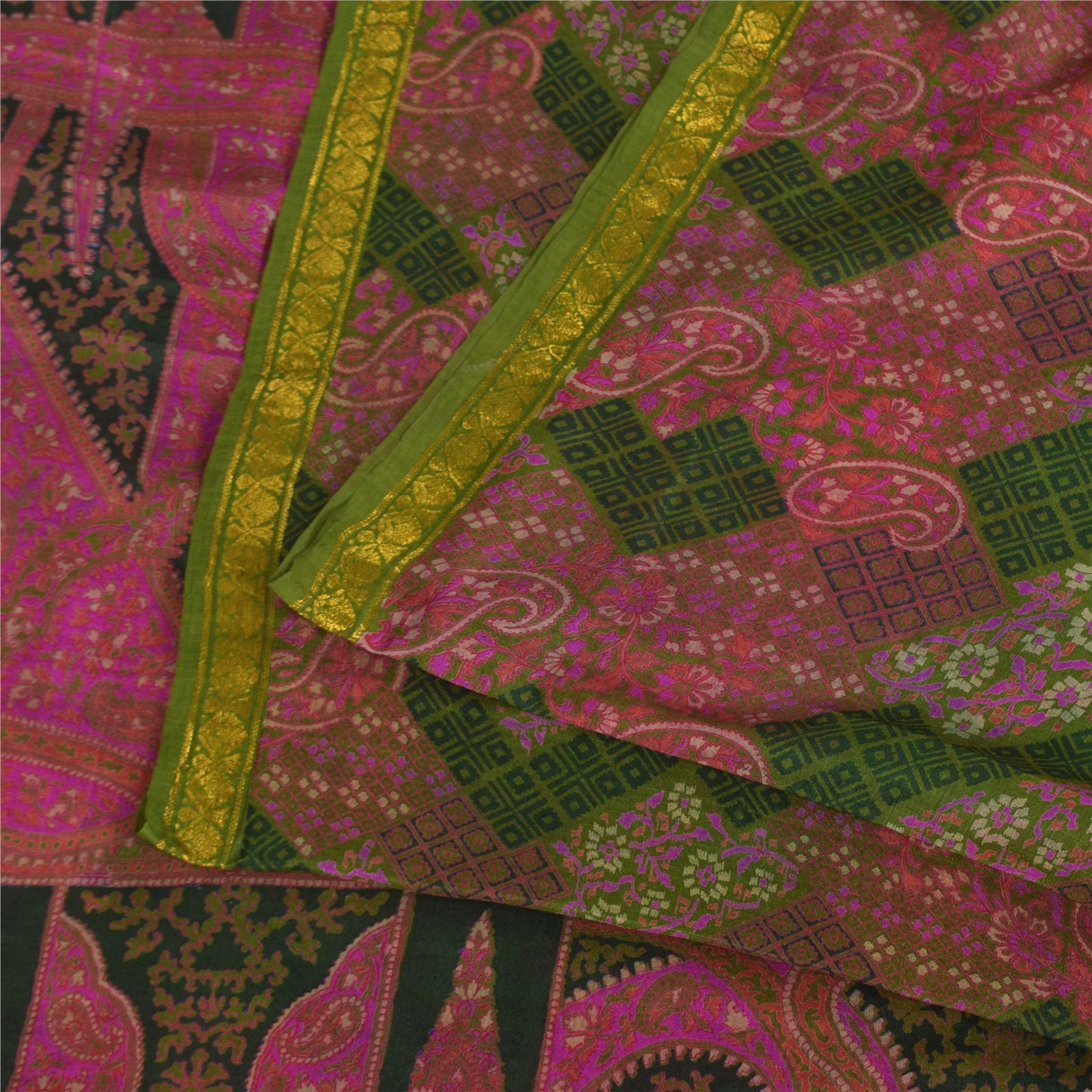 Sanskriti Vintage Saree Pink & Green 100% Pure Silk 6+Yd Saree Zari Border Floral Printed Sari Fabric For Crafting, Upcycling, Wearing