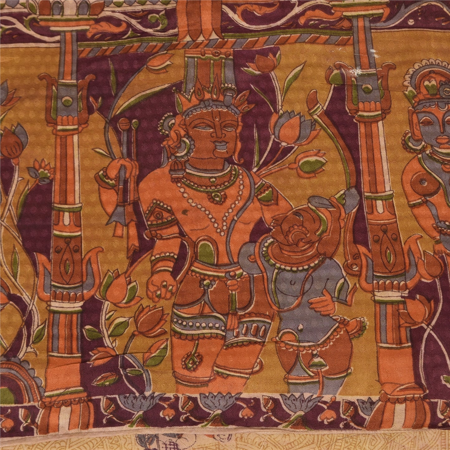 Sanskriti Vintage Sarees Cream Human Printed Pure Silk Sari 5+yd Craft Sustainable Fabric