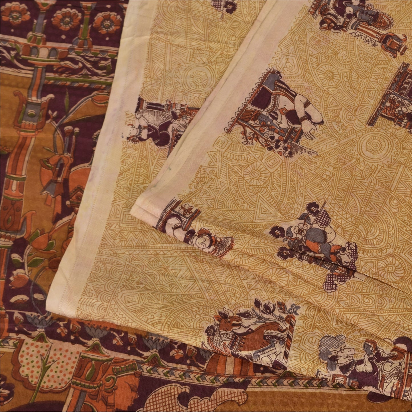 Sanskriti Vintage Sarees Cream Human Printed Pure Silk Sari 5+yd Craft Sustainable Fabric