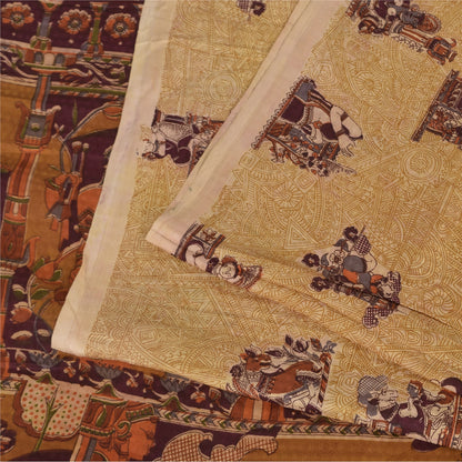 Sanskriti Vintage Sarees Cream Human Printed Pure Silk Sari 5+yd Craft Sustainable Fabric