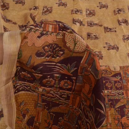 Sanskriti Vintage Sarees Cream Human Printed Pure Silk Sari 5+yd Craft Sustainable Fabric