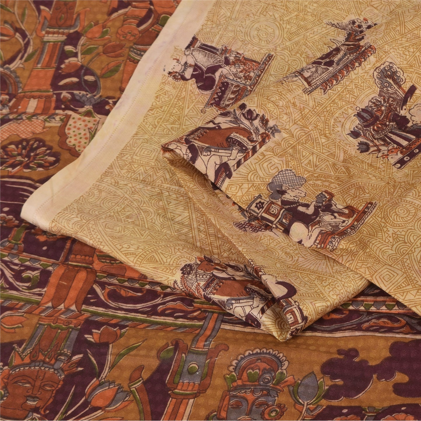 Sanskriti Vintage Sarees Cream Human Printed Pure Silk Sari 5+yd Craft Sustainable Fabric