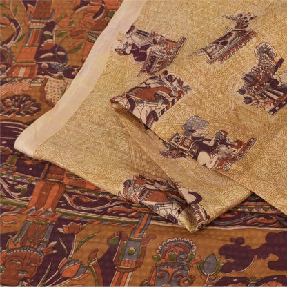 Sanskriti Vintage Sarees Cream Human Printed Pure Silk Sari 5+yd Craft Sustainable Fabric