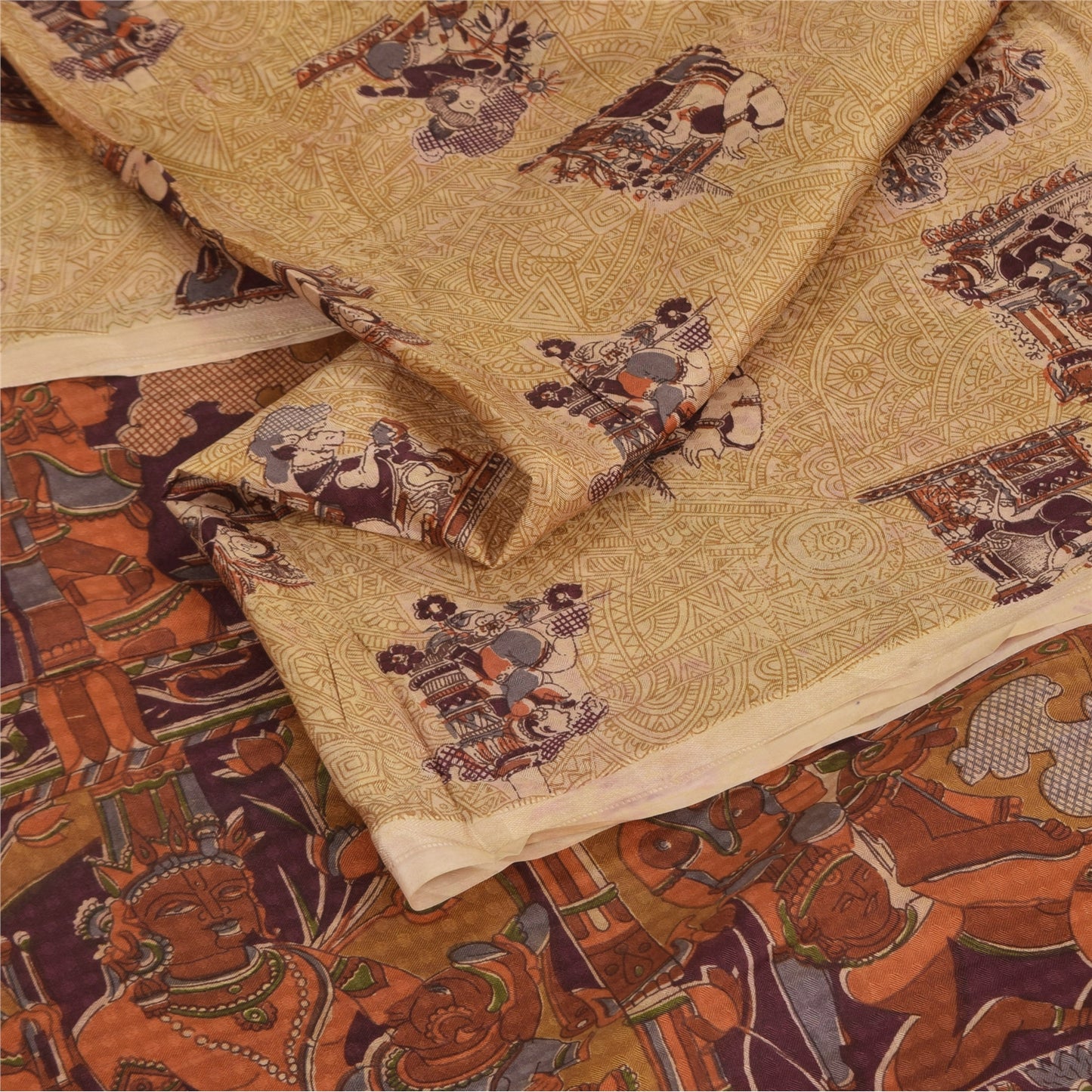 Sanskriti Vintage Sarees Cream Human Printed Pure Silk Sari 5+yd Craft Sustainable Fabric