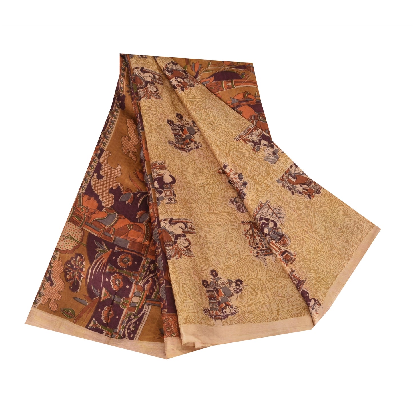 Sanskriti Vintage Sarees Cream Human Printed Pure Silk Sari 5+yd Craft Sustainable Fabric