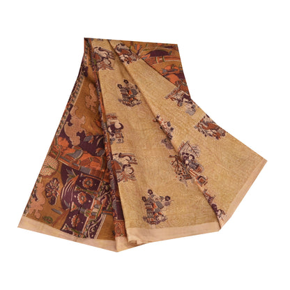 Sanskriti Vintage Sarees Cream Human Printed Pure Silk Sari 5+yd Craft Sustainable Fabric