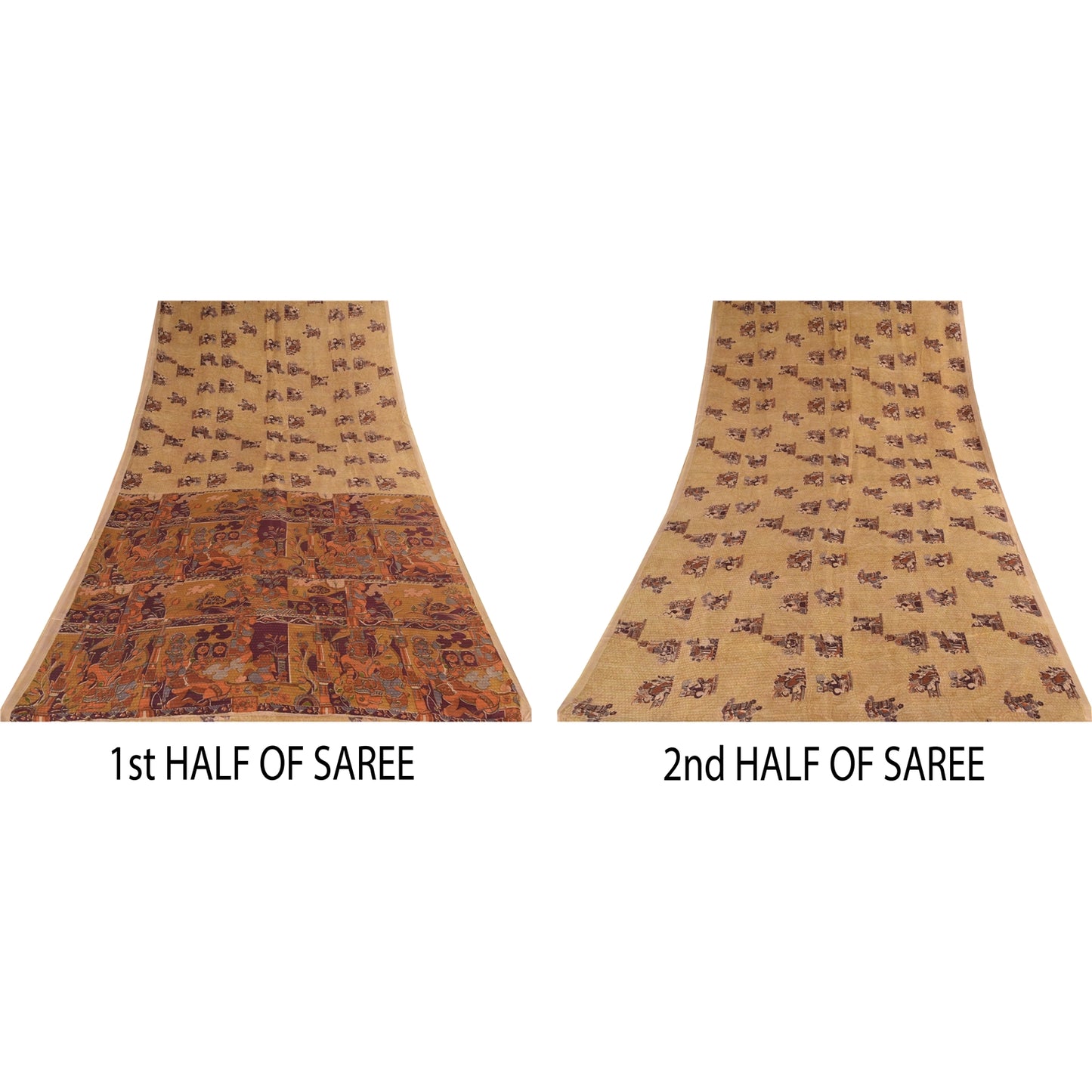 Sanskriti Vintage Sarees Cream Human Printed Pure Silk Sari 5+yd Craft Sustainable Fabric