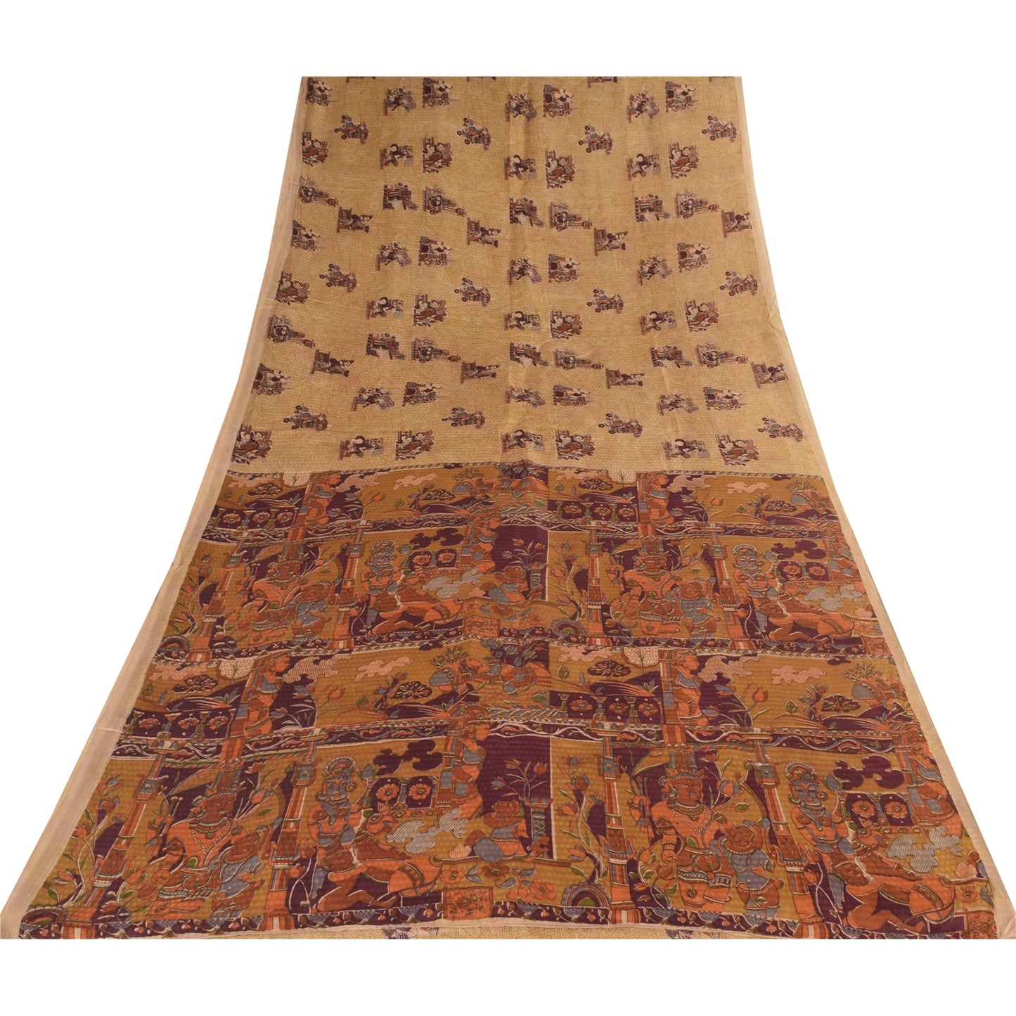 Sanskriti Vintage Sarees Cream Human Printed Pure Silk Sari 5+yd Craft Sustainable Fabric