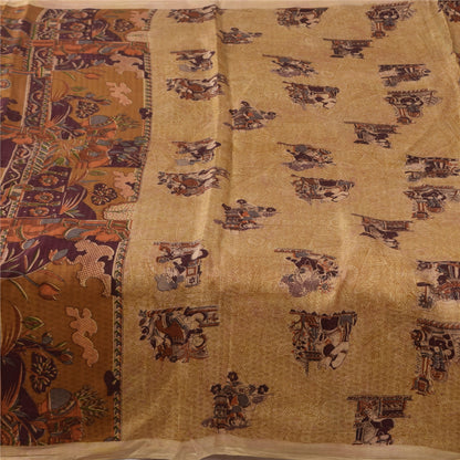 Sanskriti Vintage Sarees Cream Human Printed Pure Silk Sari 5+yd Craft Sustainable Fabric