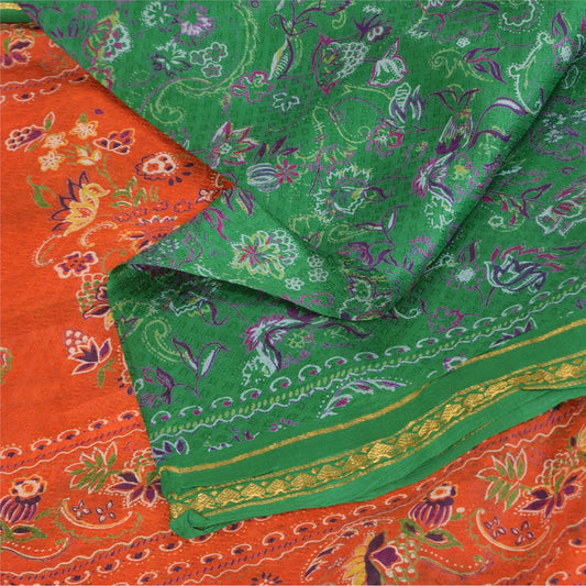 Sanskriti Vintage Sarees Green Zari Border Pure Silk Printed Sari 5+yd Sustainable Fabric