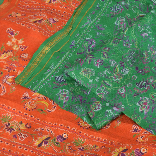 Sanskriti Vintage Sarees Green Zari Border Pure Silk Printed Sari 5+yd Sustainable Fabric