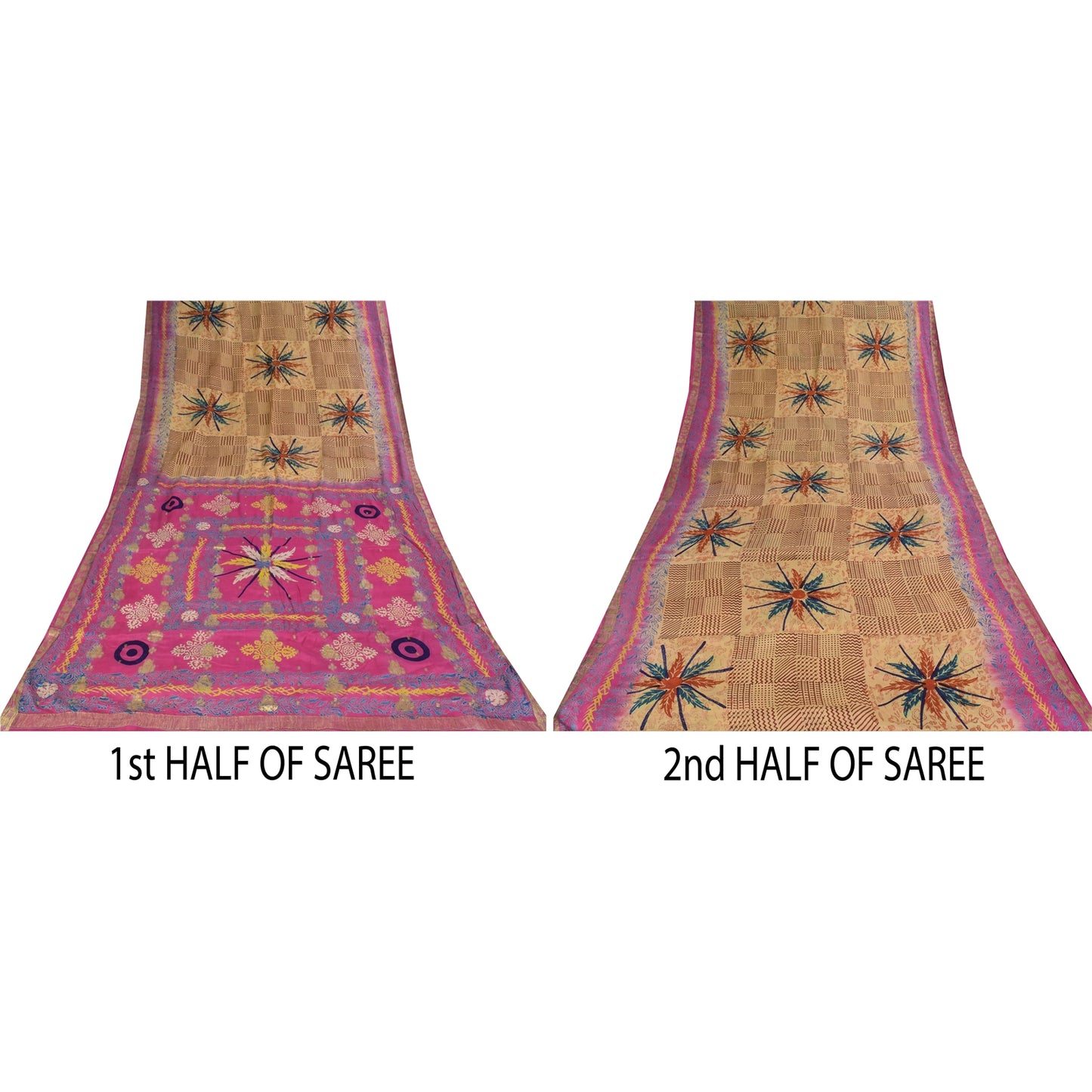 Sanskriti Vintage Sarees Brown/Pink Pure Silk Printed Sari 5+yd Craft Sustainable Fabric