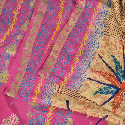 Sanskriti Vintage Sarees Brown/Pink Pure Silk Printed Sari 5+yd Craft Sustainable Fabric