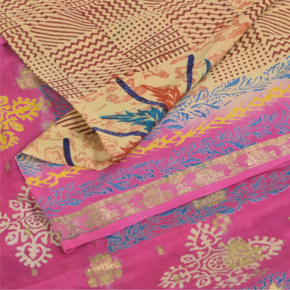 Sanskriti Vintage Sarees Brown/Pink Pure Silk Printed Sari 5+yd Craft Sustainable Fabric