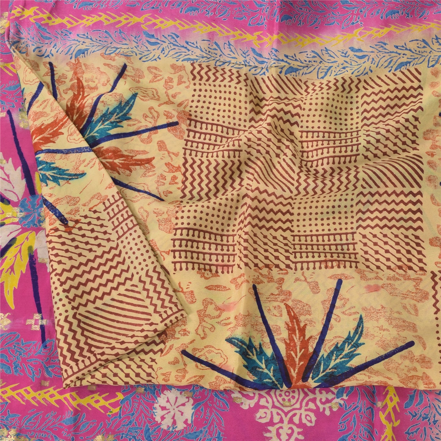 Sanskriti Vintage Sarees Brown/Pink Pure Silk Printed Sari 5+yd Craft Sustainable Fabric