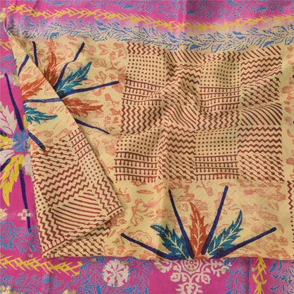 Sanskriti Vintage Sarees Brown/Pink Pure Silk Printed Sari 5+yd Craft Sustainable Fabric