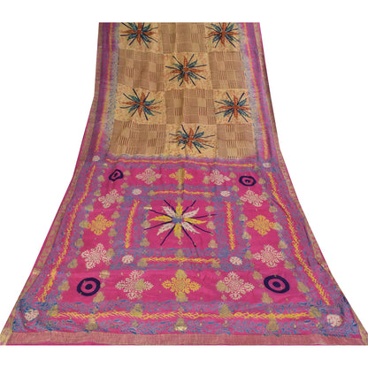 Sanskriti Vintage Sarees Brown/Pink Pure Silk Printed Sari 5+yd Craft Sustainable Fabric