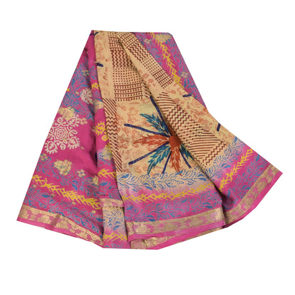 Sanskriti Vintage Sarees Brown/Pink Pure Silk Printed Sari 5+yd Craft Sustainable Fabric