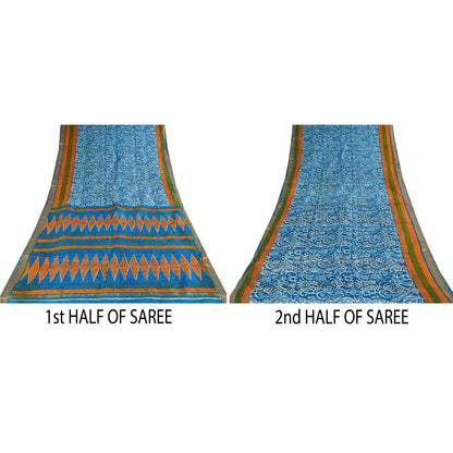 Санскритские винтажные сари синее индийское чистое шелковое сари с принтом 5+ ярдов ремесленная устойчивая ткань