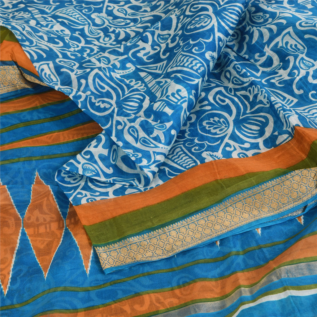 Санскритские винтажные сари синее индийское чистое шелковое сари с принтом 5+ ярдов ремесленная устойчивая ткань